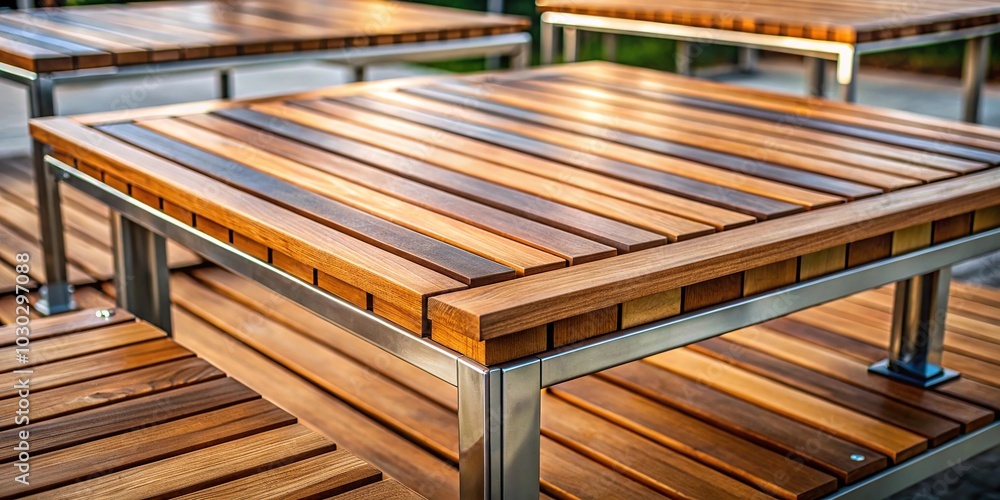 Wooden tables with metal accents on deck macro image Wooden tables with metal accents on deck macro image