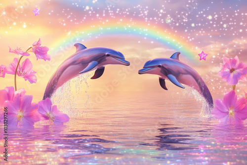 Two dolphins leap gracefully against a vibrant sunset with colorful flowers and a rainbow backdrop