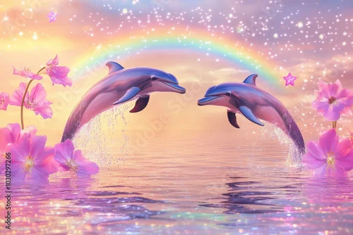 Obraz Two dolphins leap gracefully against a vibrant sunset with colorful flowers and a rainbow backdrop