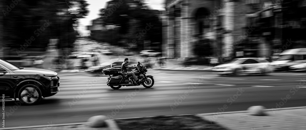 Fototapeta premium Urban Speed: A Motorcycle in Motion