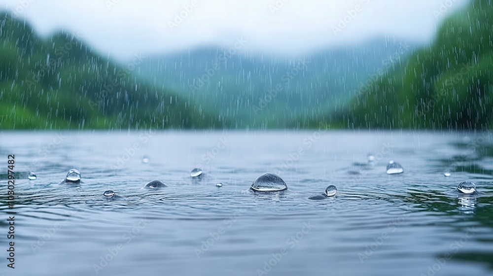 Fototapeta premium Raindrops create ripples on calm lake against misty forest backdrop