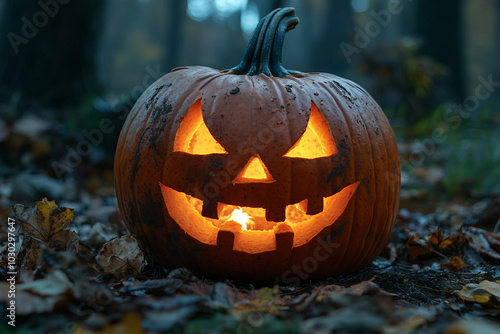 Generative AI photo of funny halloween pumpkins outdoors horror autumn night decor