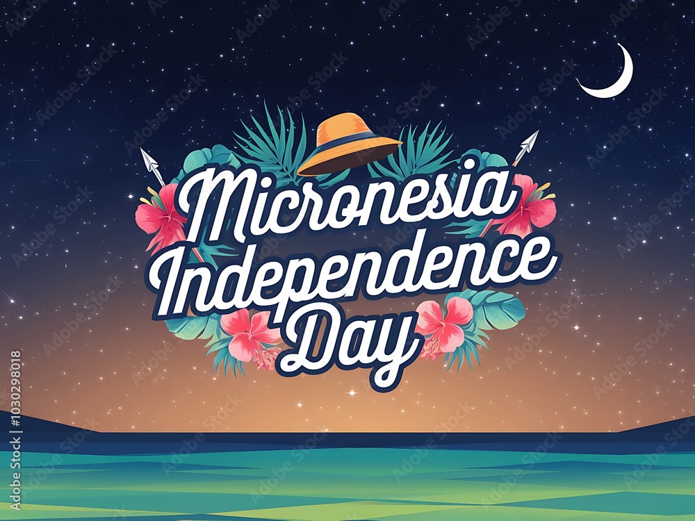 Naklejka premium Micronesia Independence Day Greeting with Tropical Floral Wreath and Night Sky