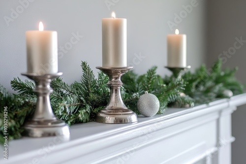 minimalist holiday decor, simplistic christmas mantel decorated with silver candlesticks and greenery, adding a chic touch for the festive season