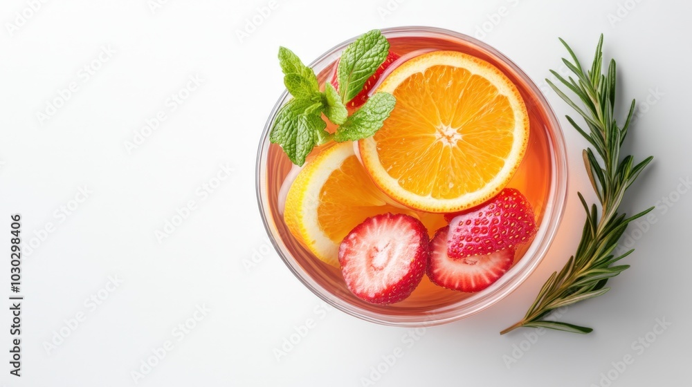 Refreshing citrus and berry infused water with mint and rosemary garnish Refreshing citrus and berry infused water with mint and rosemary garnish