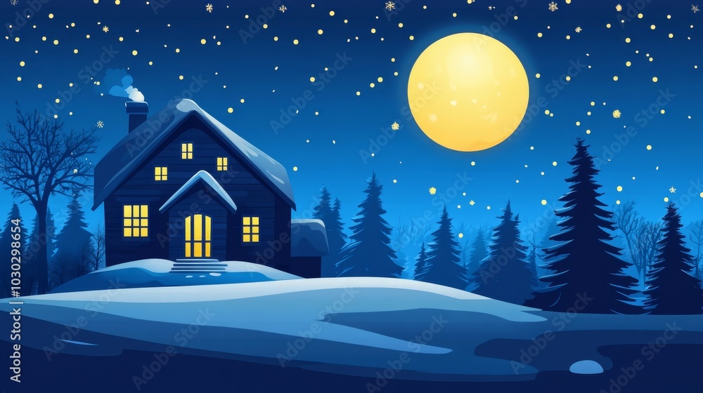 Naklejka premium A cozy house surrounded by snow under a starry night sky and a bright moon.