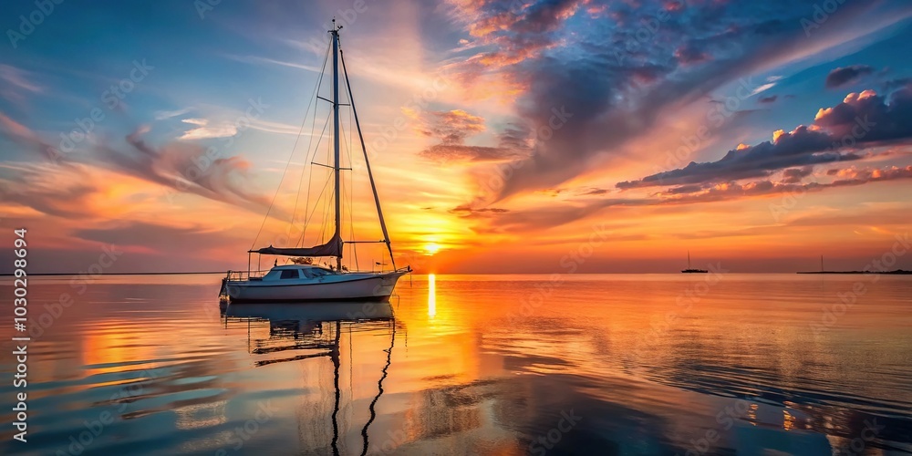 Yacht sailboat at sunset on the British coast symmetrical Yacht sailboat at sunset on the British coast symmetrical