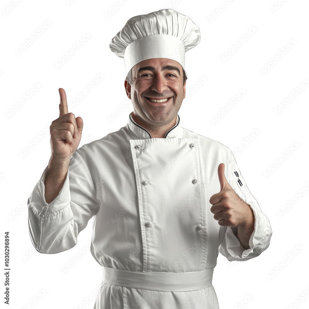 Smiling male chef in white uniform giving thumbs up on white background Smiling male chef in white uniform giving thumbs up on white background