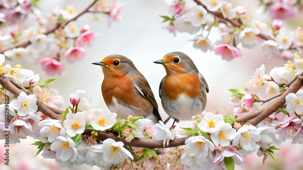 Two robins sitting in a nest surrounded by cherry blossoms. white background Two robins sitting in a nest surrounded by cherry blossoms. white background