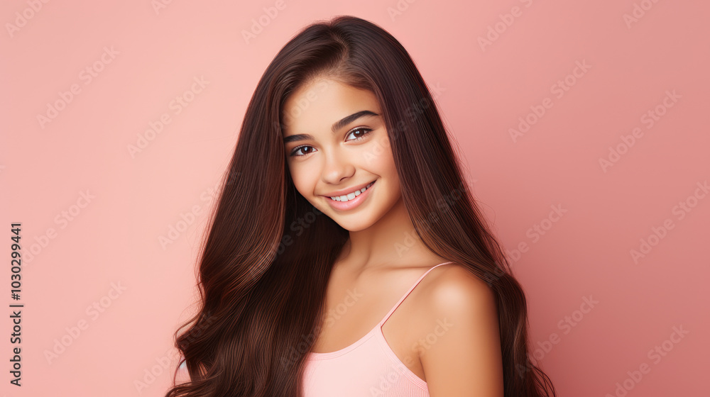 Portrait of Latin American teenage girl with long hair on pink background. Portrait of Latin American teenage girl with long hair on pink background.