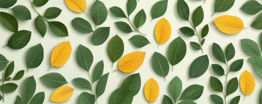 Green and yellow leaves on white background, nature pattern. Green and yellow leaves on white background, nature pattern.