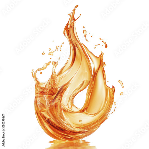 Dynamic splash of golden liquid forming a fluid flame shape on white background