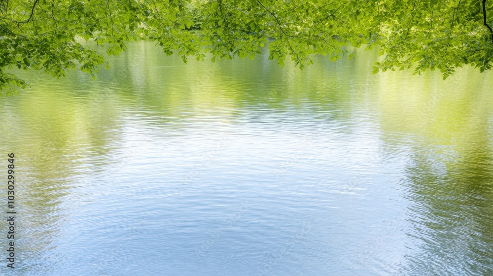 Fototapeta premium Tranquil waters of a serene lake surrounded by lush greenery
