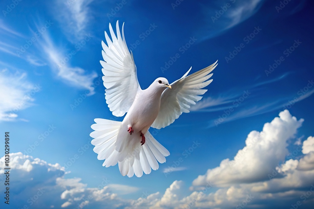 White dove flying peacefully in the sky with minimalist design White dove flying peacefully in the sky with minimalist design