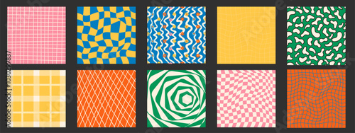 Groovy psychedelic checkerboard set in trendy retro 1970s style. Y2k aesthetic. Vector illustration