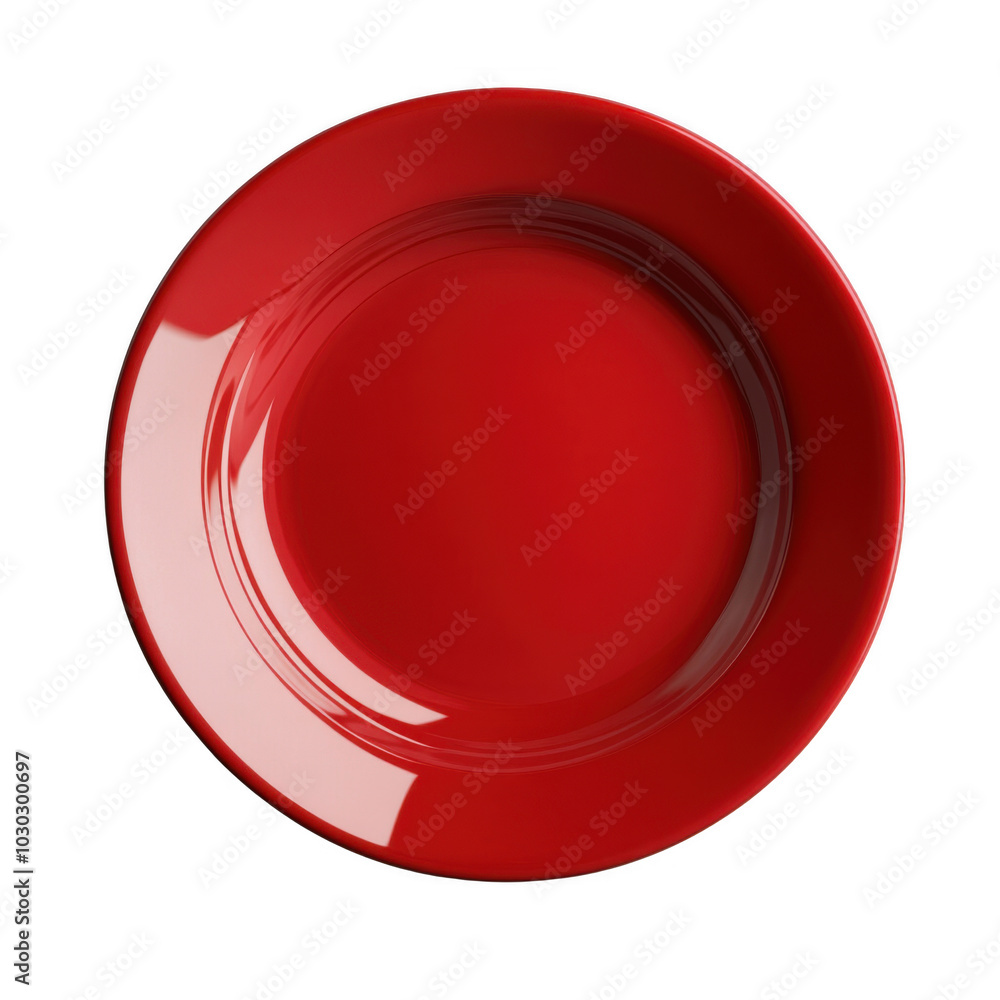 Bright red empty ceramic plate with glossy finish on white background Bright red empty ceramic plate with glossy finish on white background