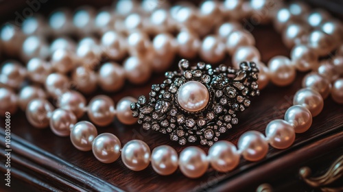 Elegant Pearl Necklace with Brooch on Wooden Surface