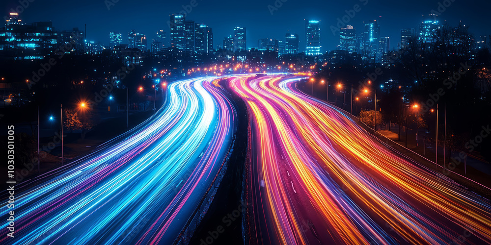 Long exposure, multi-colored traces of car headlights on a busy city street, conveying vibrant energy and movement. Long exposure, multi-colored traces of car headlights on a busy city street, conveying vibrant energy and movement.