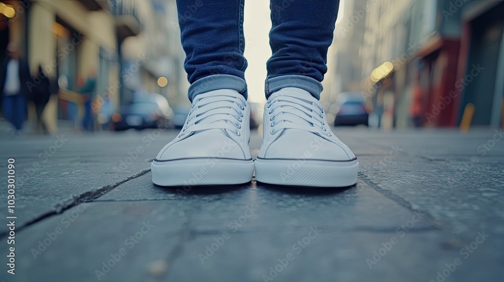Stylish White Sneakers on Urban Street Pavement Stylish White Sneakers on Urban Street Pavement