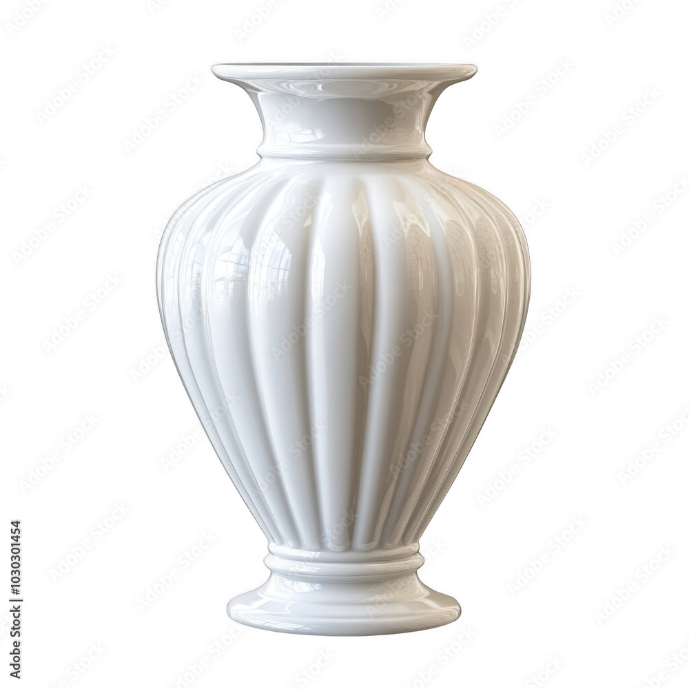 Elegant white ceramic vase with vertical ridges against white background Elegant white ceramic vase with vertical ridges against white background