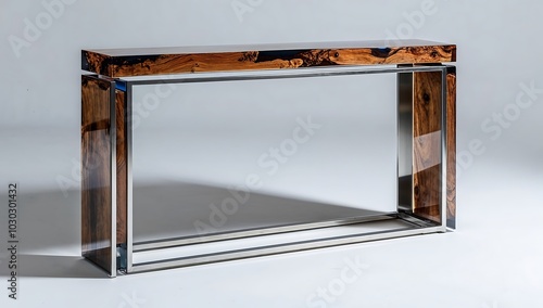 Sleek epoxy resin console table with live edge wood and metal frame, blending rustic charm with modern elegance