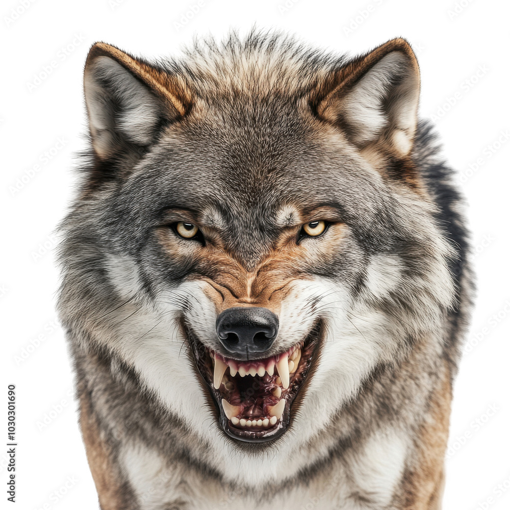 Snarling gray wolf displaying sharp teeth against white background Snarling gray wolf displaying sharp teeth against white background