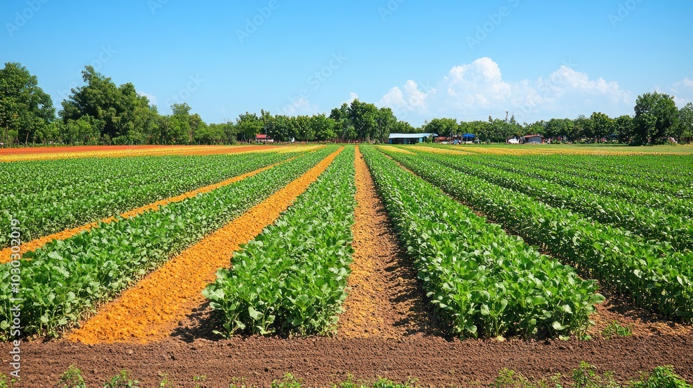 Lush green fields with rows of crops under a clear blue sky. Lush green fields with rows of crops under a clear blue sky.