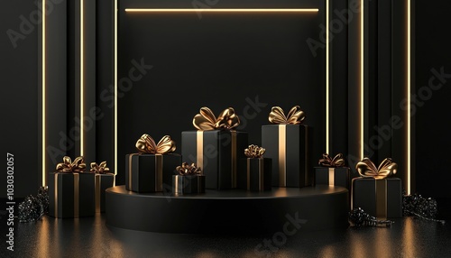 Luxe Black Friday super sale display, where black gift boxes with elegant golden bows take center stage on a stylishly dark podium, surrounded by dramatic neon framing.