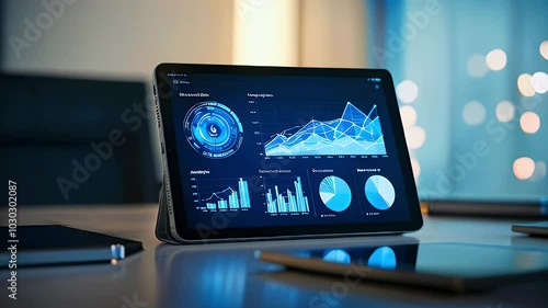 Tablet displaying various charts and graphs on a desk.