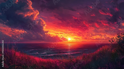 Fiery Sunset Over the Ocean