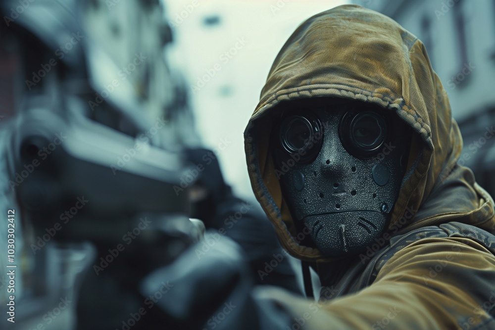 A masked individual threatens with a firearm while standing in a city setting, surrounded by ominous buildings on a dreary day A masked individual threatens with a firearm while standing in a city setting, surrounded by ominous buildings on a dreary day