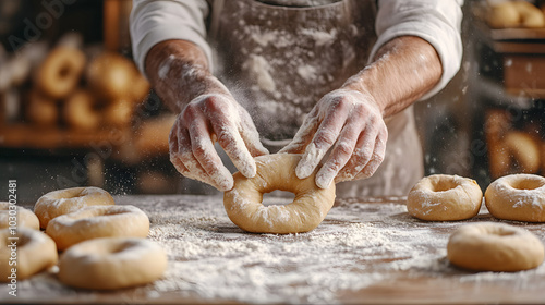 A baker shapes dough into bagels in a rustic kitchen filled with flour and fresh ingredients. National Bagel Day concept photo