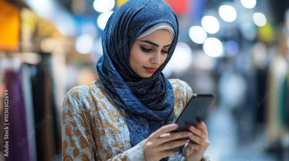A young woman wearing a hijab is focused on her smartphone while exploring a lively marketplace filled with colorful stalls. The atmosphere is bustling with shoppers, highlighting a vibrant day. A young woman wearing a hijab is focused on her smartphone while exploring a lively marketplace filled with colorful stalls. The atmosphere is bustling with shoppers, highlighting a vibrant day.