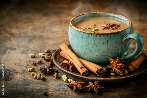  A rustic setup featuring a cup of chai tea surrounded by whole spices like cinnamon sticks, cardamom pods, and star anise  photo