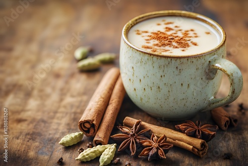  A rustic setup featuring a cup of chai tea surrounded by whole spices like cinnamon sticks, cardamom pods, and star anise  photo