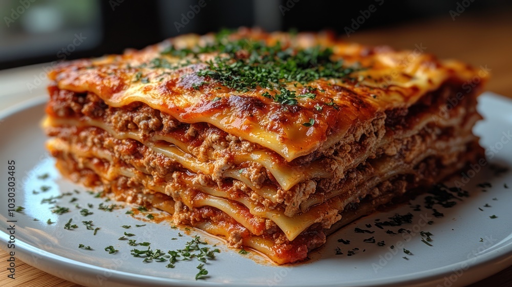 A delicious layered lasagna garnished with herbs on a plate. A delicious layered lasagna garnished with herbs on a plate.