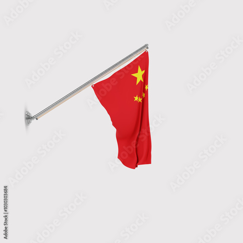 China Flag Waving Hanging Down 3d Flagpole and hanging on in the corner Wall  photo