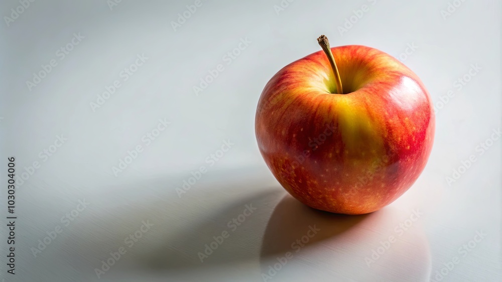 A single, ripe apple with a vibrant red and yellow hue sits on a smooth, white surface, casting a gentle shadow as it basks in soft light. A single, ripe apple with a vibrant red and yellow hue sits on a smooth, white surface, casting a gentle shadow as it basks in soft light.