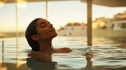 A woman enjoys a peaceful moment in an indoor pool, soft sunlight filtering through large windows. Ideal for content focused on relaxation, spa, and mindfulness.