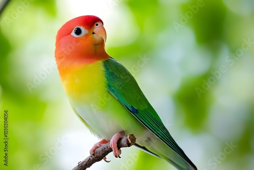 A colorful pet bird perched on a branch with a lush green background