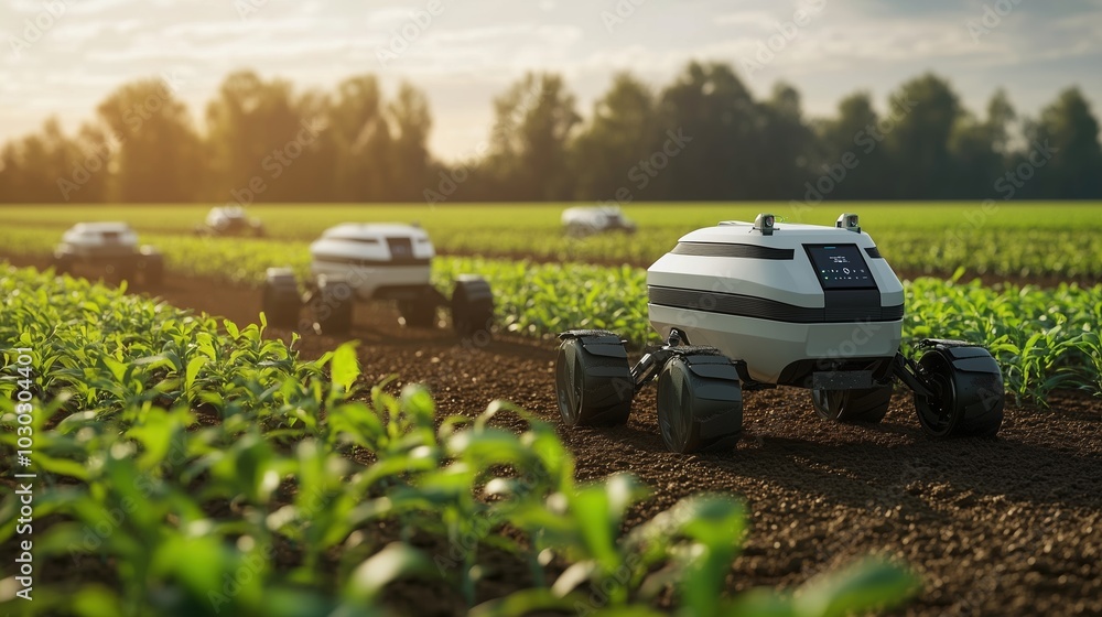 Autonomous robots navigating through a crop field, enhancing efficiency in modern farming practices. Autonomous robots navigating through a crop field, enhancing efficiency in modern farming practices.