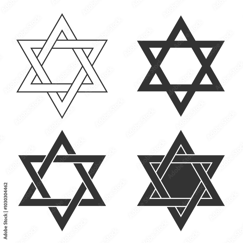 Star of David graphic icon set. Six pointed star signs isolated on white background. Design element templates. Vector illustration Star of David graphic icon set. Six pointed star signs isolated on white background. Design element templates. Vector illustration