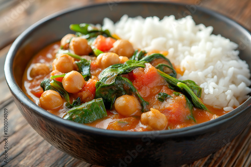 Indian Vegetable Curry with Chickpeas and Spinach in a Spiced Tomato Sauce A hearty Indian vegetable curry made with chickpeas, spinach, and a fragrant spiced tomato sauce, served with basmati rice