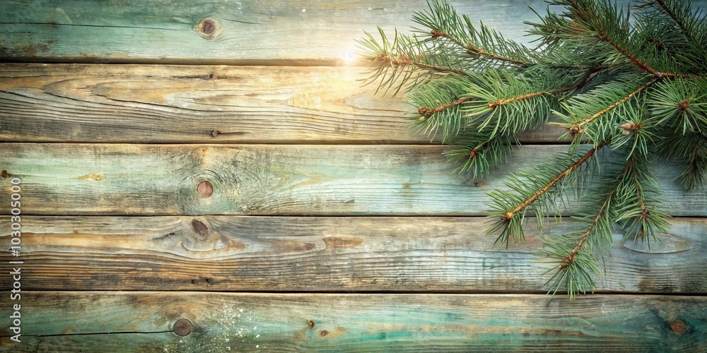 Fototapeta premium A Rustic Wooden Plank Background with a Delicate Evergreen Branch Adorned with a Sunlit Glow