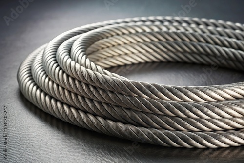 Minimalist Coiled Metal Steel Cable on gray Background