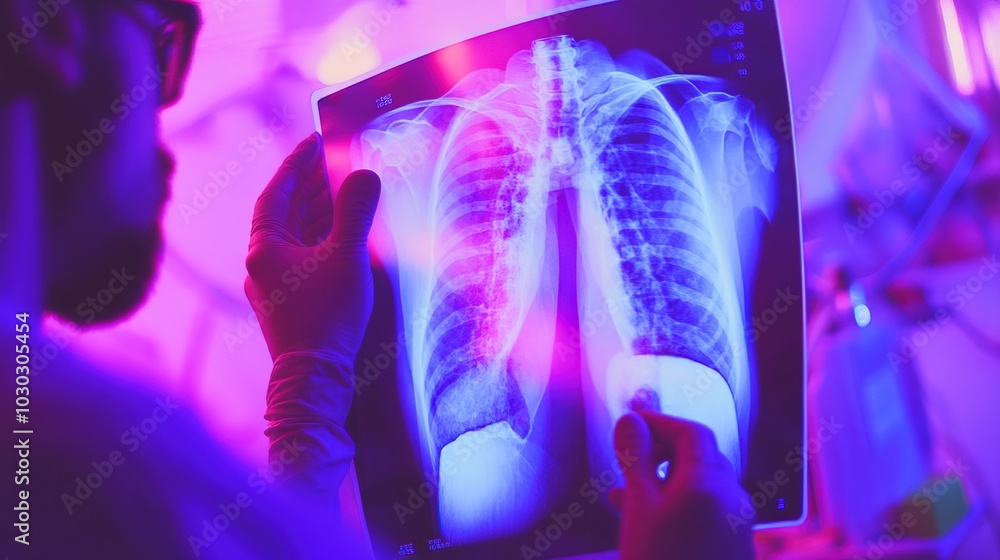 Doctor carefully examines X-ray film of patient's lungs, identifying COVID-19 complications, with medical instruments and charts in the background. Doctor carefully examines X-ray film of patient's lungs, identifying COVID-19 complications, with medical instruments and charts in the background.