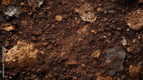 Rich, textured soil with pebbles and organic matter revealing the earth's hidden layers in daylight