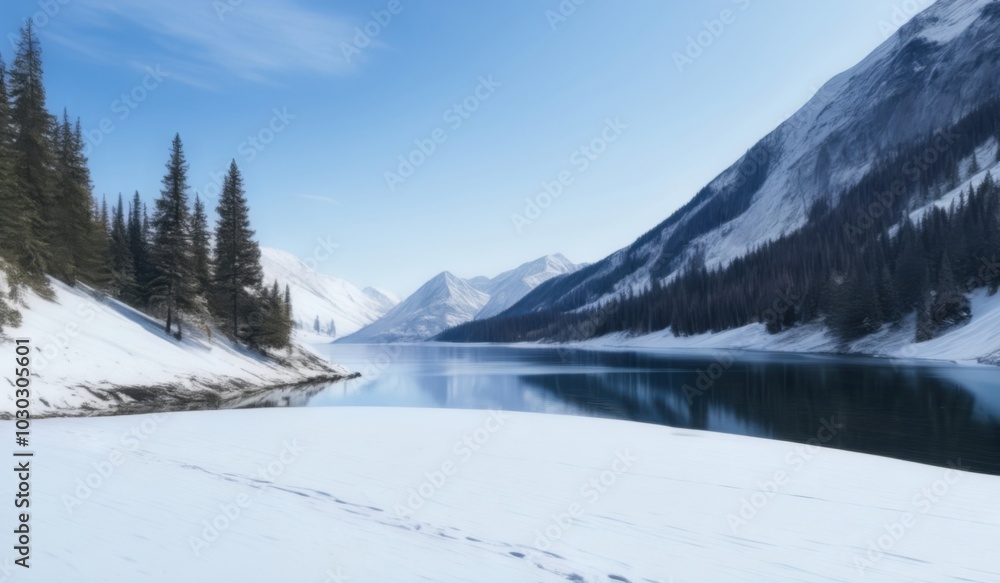 a snowy mountain side winter lake setting a snowy mountain side winter lake setting