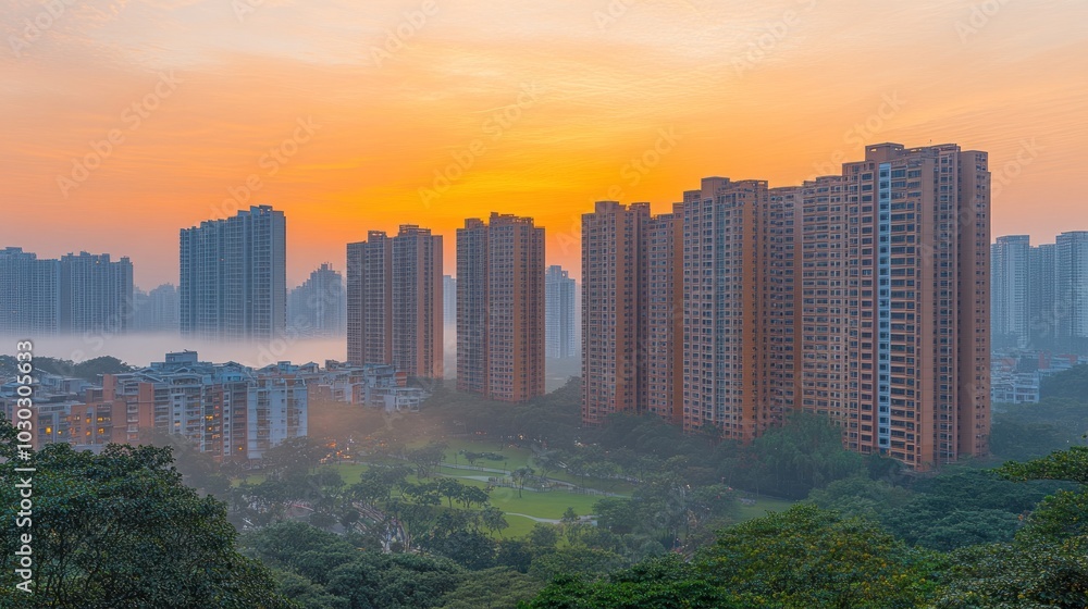 Obraz premium Urban skyline at sunrise with mist and greenery in the foreground.