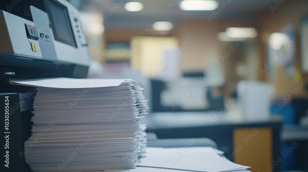 A stack of printer paper near a printer in an office setting, suggesting work and organization. A stack of printer paper near a printer in an office setting, suggesting work and organization.